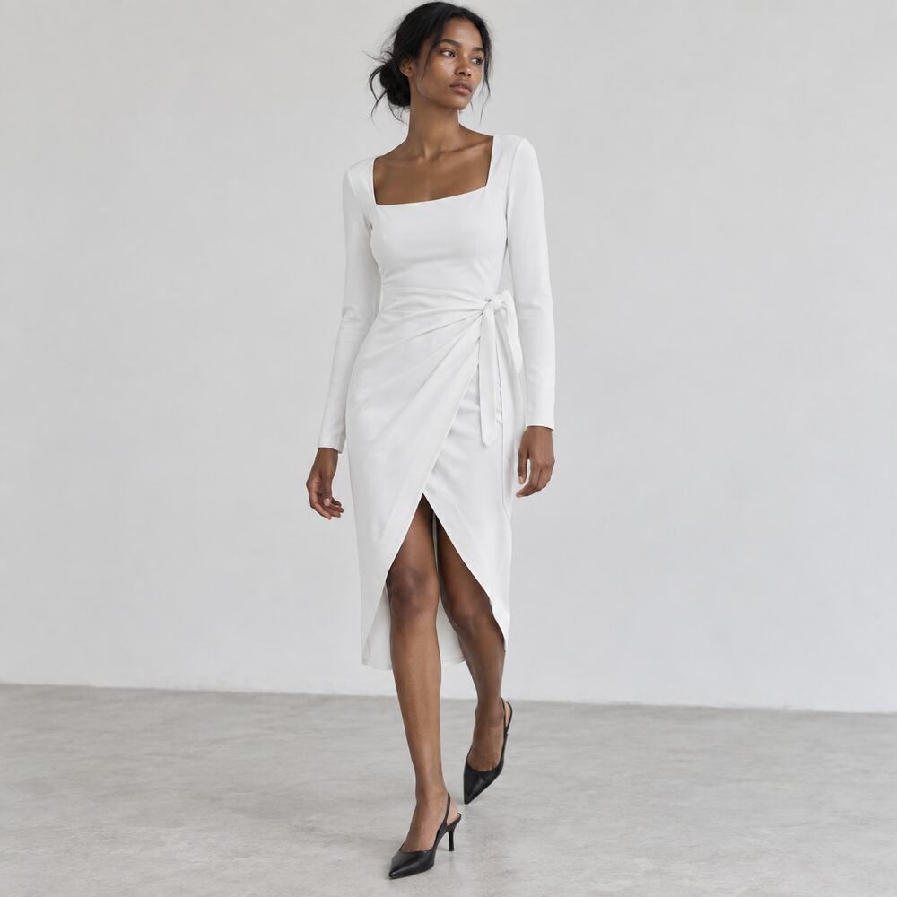 NWT Aritzia Wilfred Saturn Long Sleeve Frozen Gray Faux Wrap Midi Dress, size L